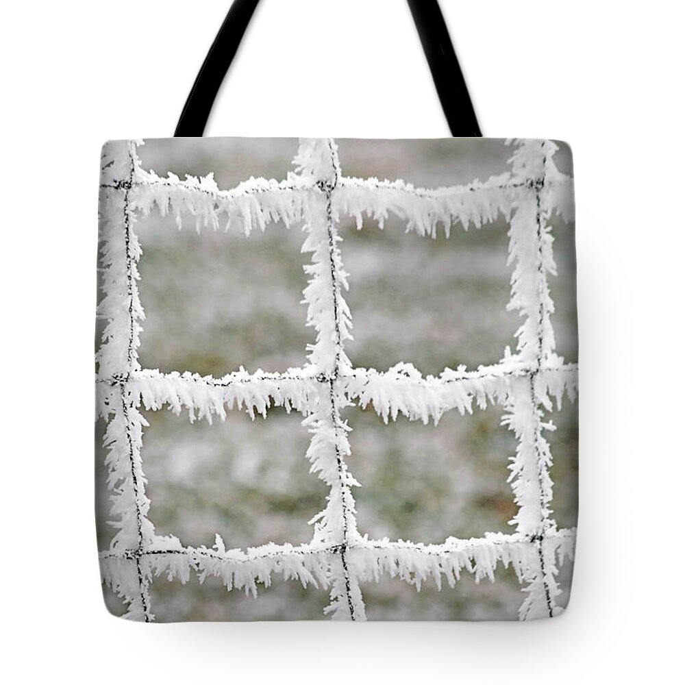 Frost Tote Bag featuring the photograph Rime covered fence by Alexandra Till
