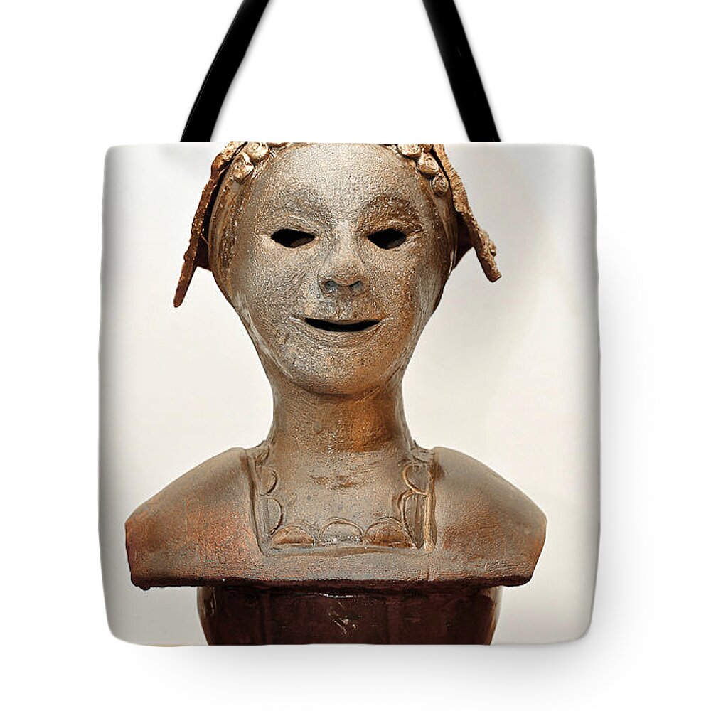 Roma Tote Bag featuring the sculpture Roman mask torso lady with head cover face eyes large nose mouth shoulders by Rachel Hershkovitz