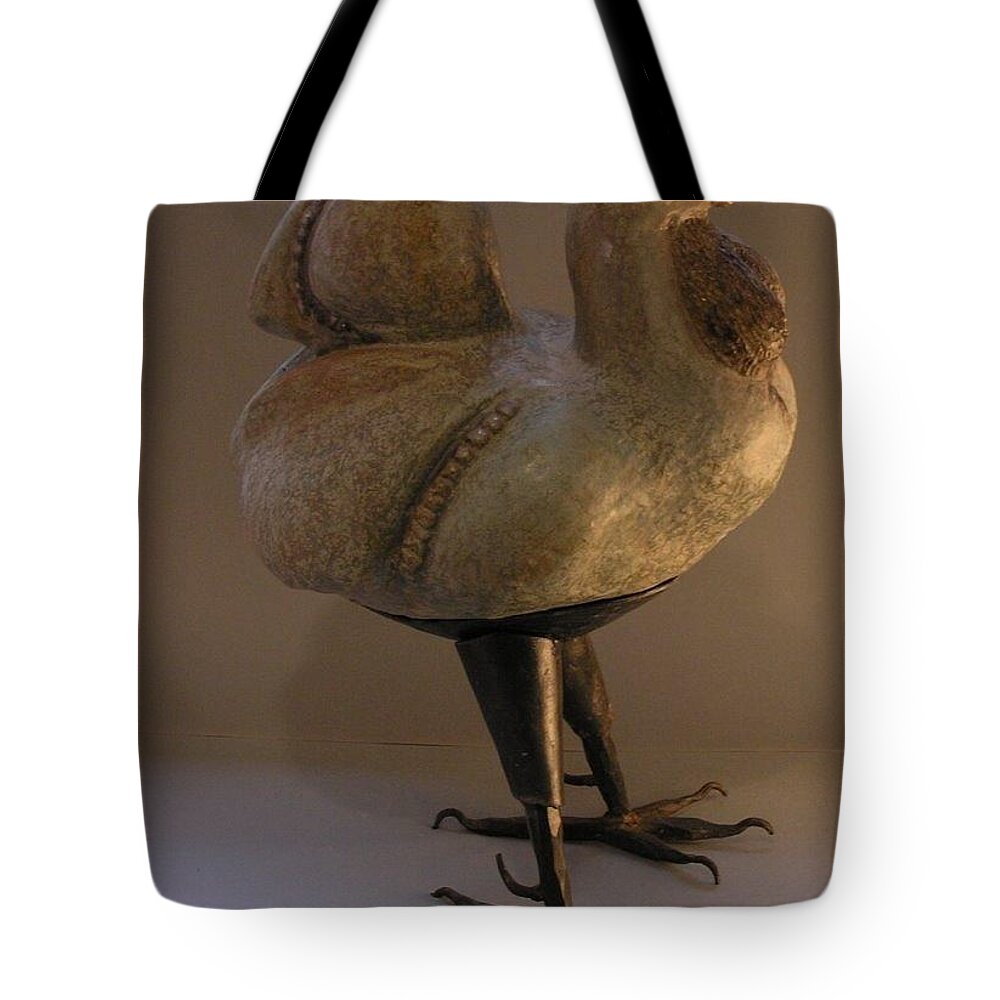 Rooster Tote Bag featuring the sculpture Rooster 2 Bronze legs and Ceramics body sculpture by Rachel Hershkovitz