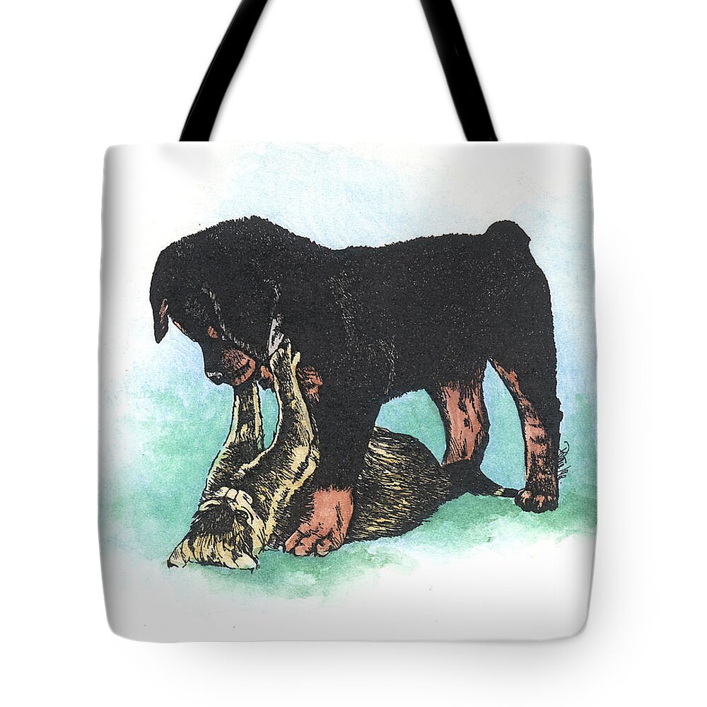 Rottweiler Tote Bag featuring the painting Rottie Pup and Kitten playing by Patrice Clarkson