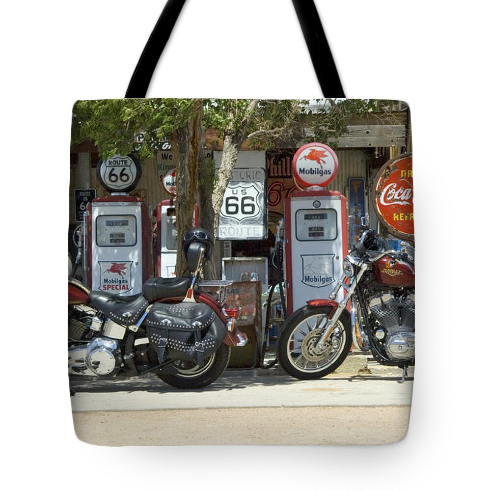 Flames Tote Bag featuring the photograph Route 66 Gas Pumps by Bob Christopher