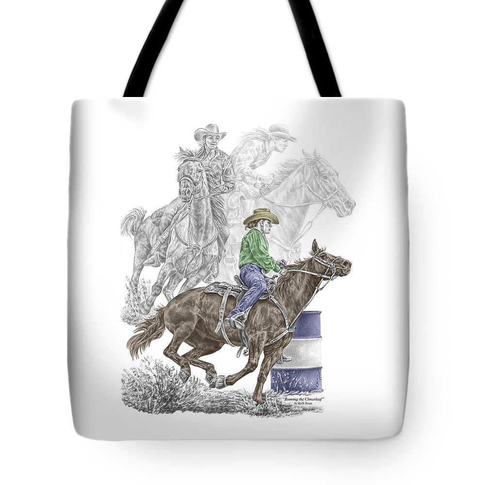 Quarter Tote Bag featuring the drawing Running the Cloverleaf - Barrel Racing Print color tinted by Kelli Swan