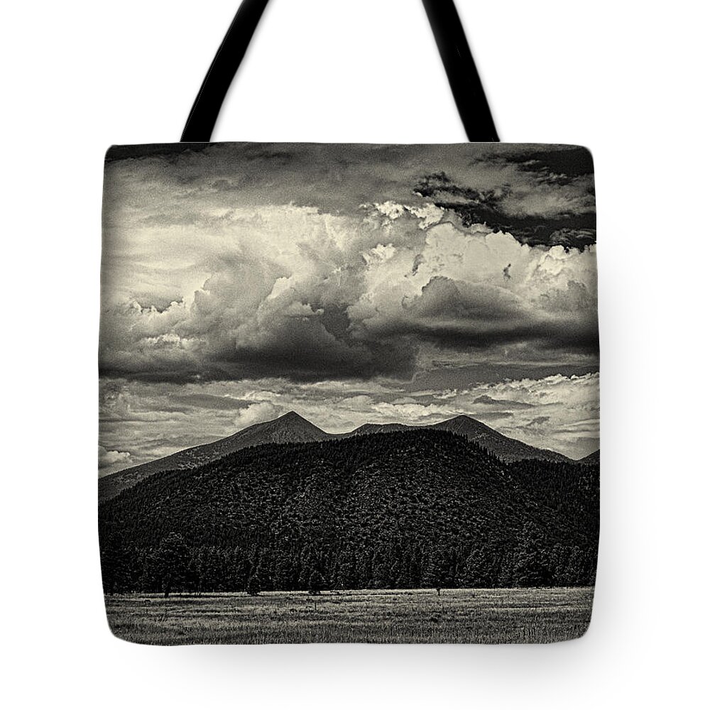 Flagstaff Tote Bag featuring the photograph San Francisco Peaks in Black and White by Joshua House