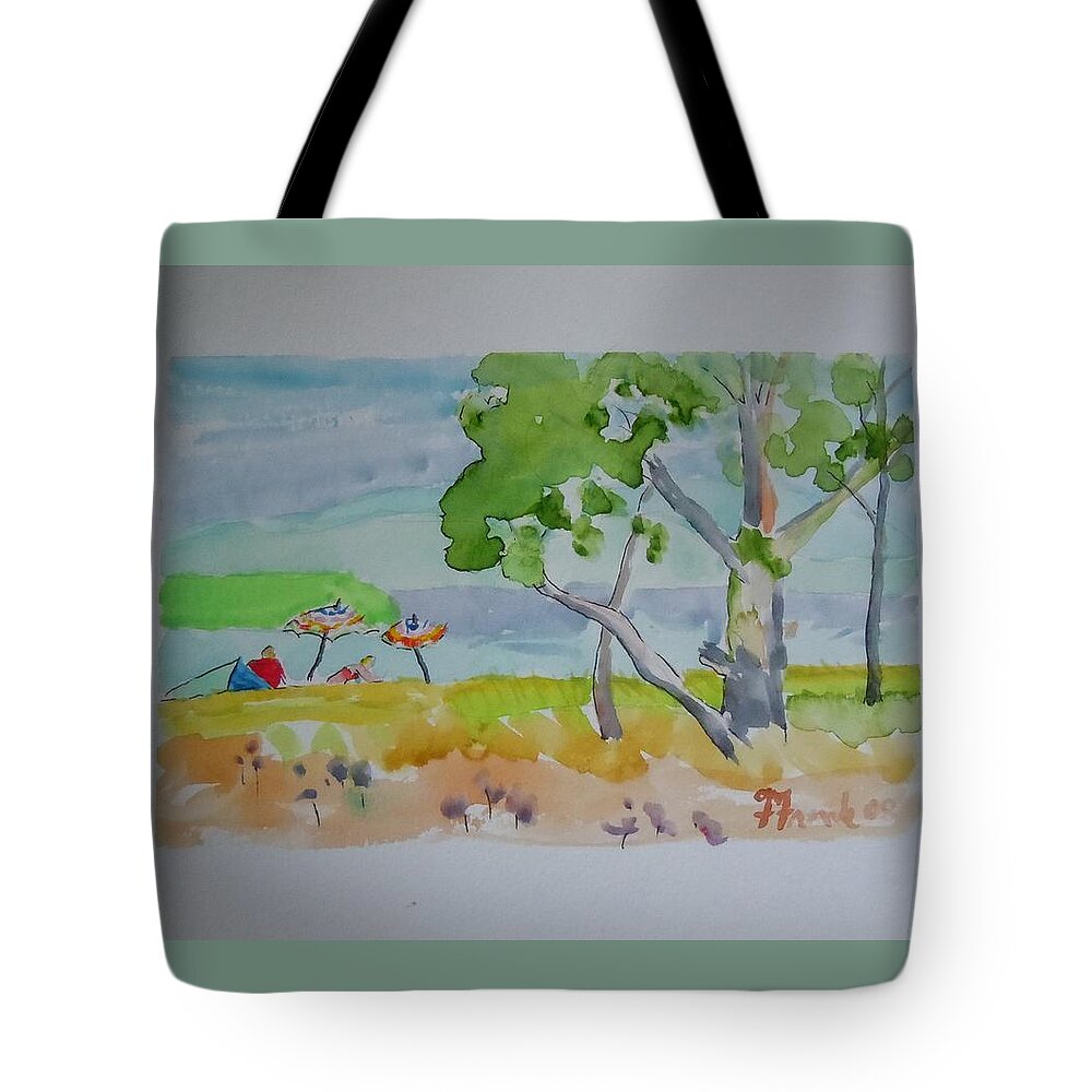 Landscape Tote Bag featuring the painting Sandpoint Bathers by Francine Frank