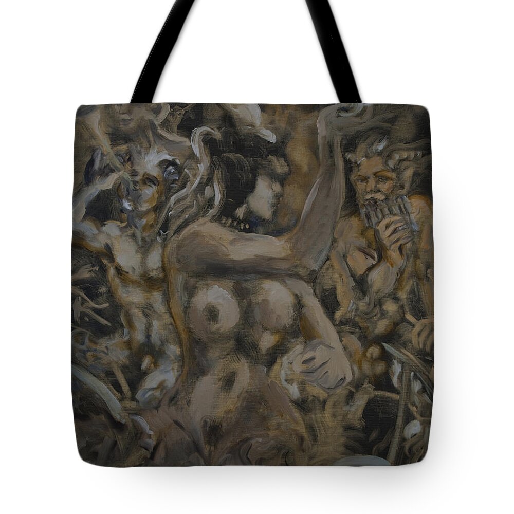 Nudes Tote Bag featuring the painting Satyr queen with suitors on bike ride by Peregrine Roskilly