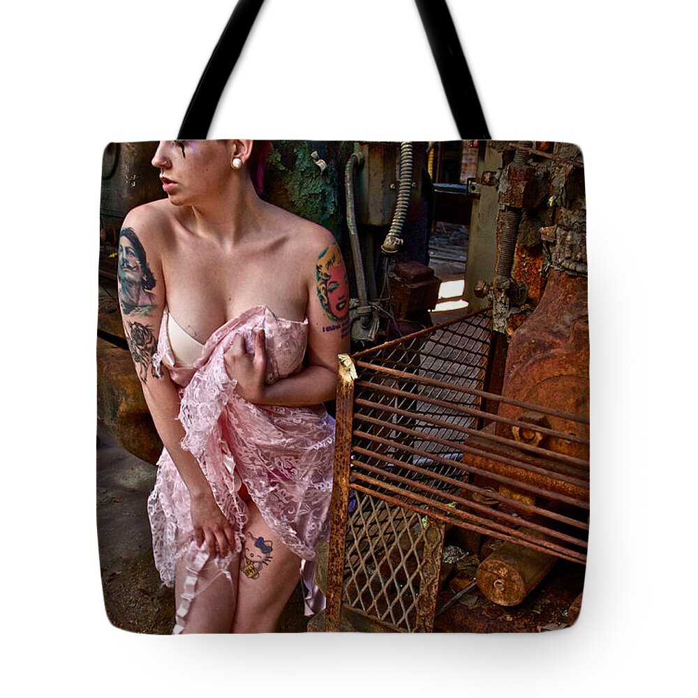 Lady Hooker Machinery Scared Tote Bag featuring the photograph Scared by Alice Gipson