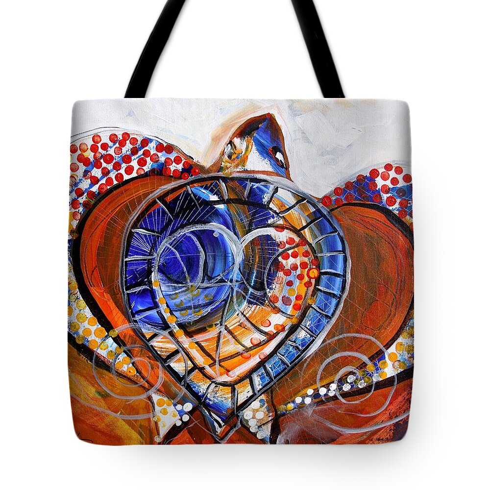 Sea Turtle Tote Bag featuring the painting Sea Turtle Love - Orange and White by J Vincent Scarpace