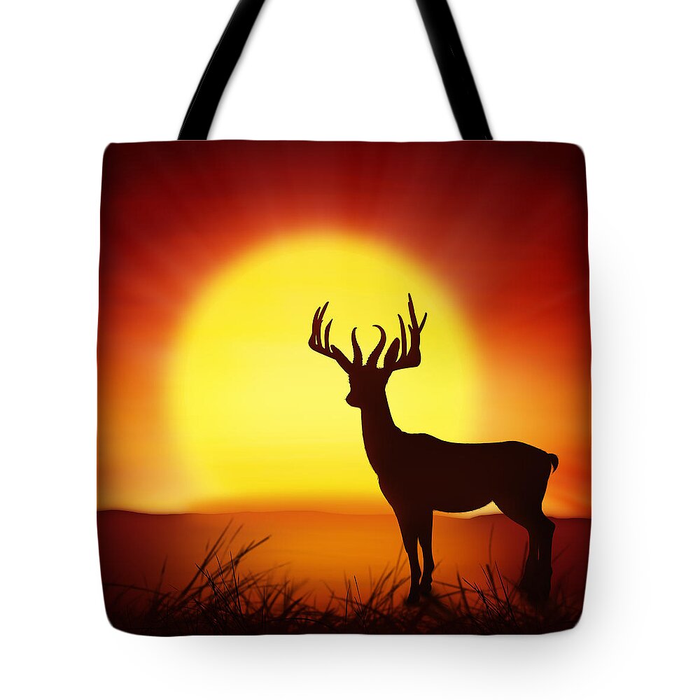 Animal Tote Bag featuring the photograph Silhouette Of Deer With Big Sun by Setsiri Silapasuwanchai