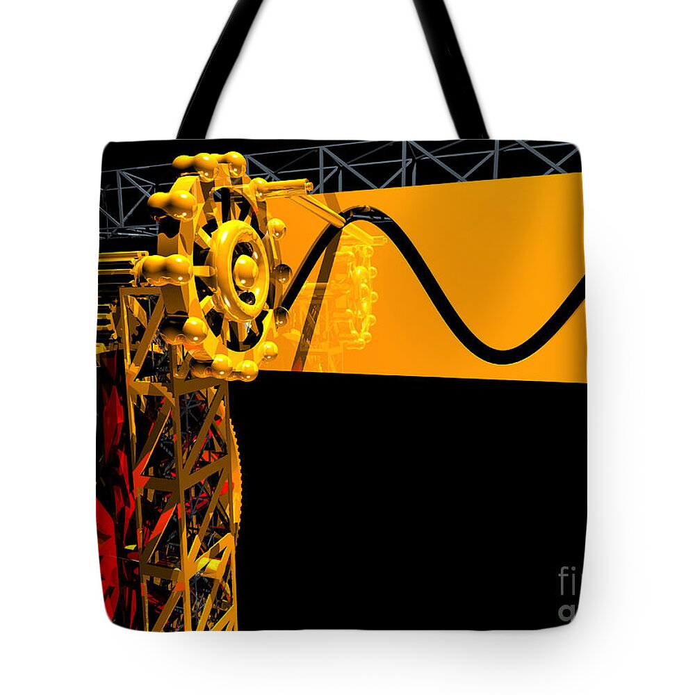 Brass Tote Bag featuring the digital art Sine Wave Machine Landscape 2 by Russell Kightley