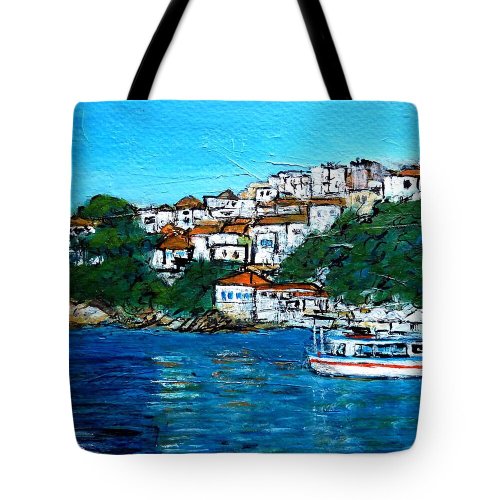Greece Tote Bag featuring the painting Skiathos Greece No2 by Jackie Sherwood