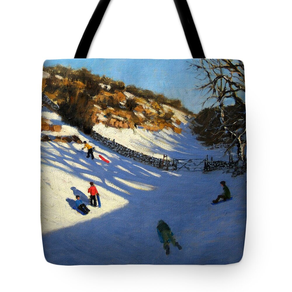 Fields Tote Bag featuring the painting Snow in the valley by Andrew Macara
