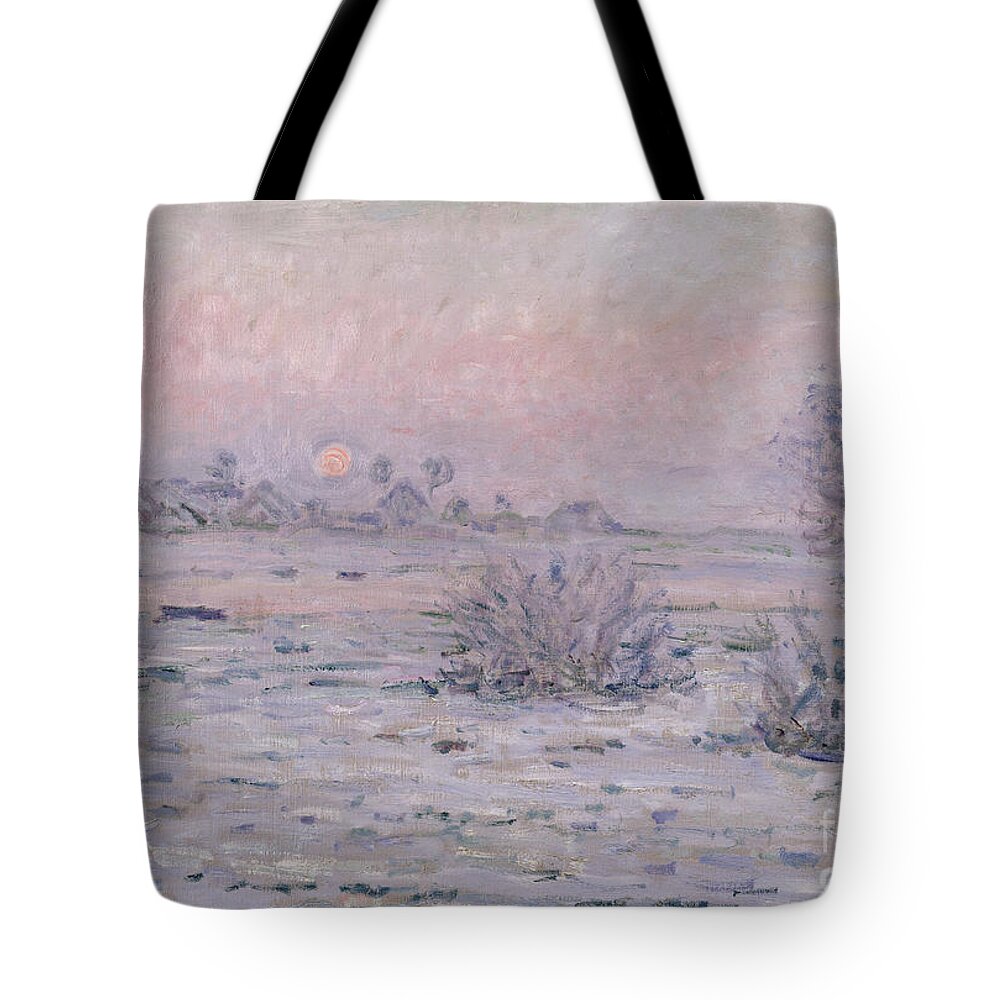 Claude Monet Tote Bag featuring the painting Snowy Landscape at Twilight by Claude Monet