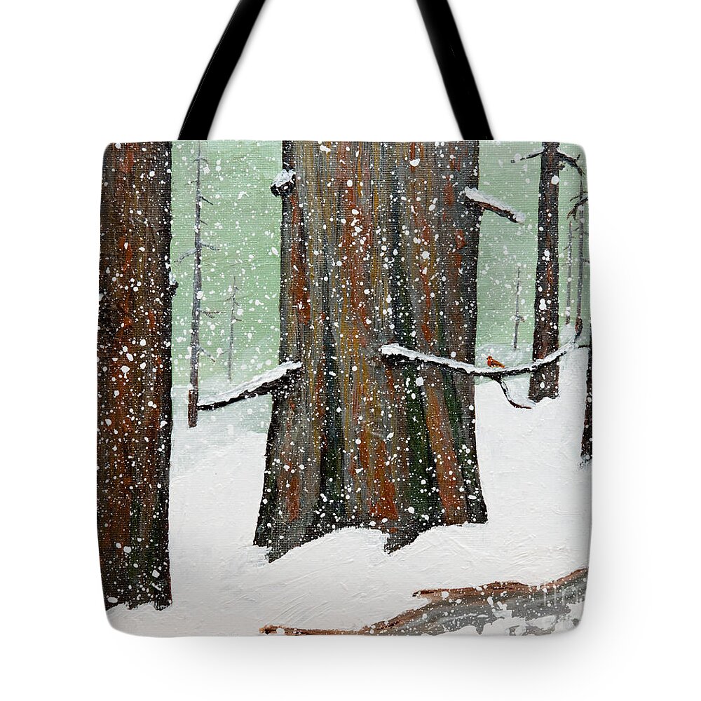 Redwood Tote Bag featuring the painting Snowy Redwood by L J Oakes