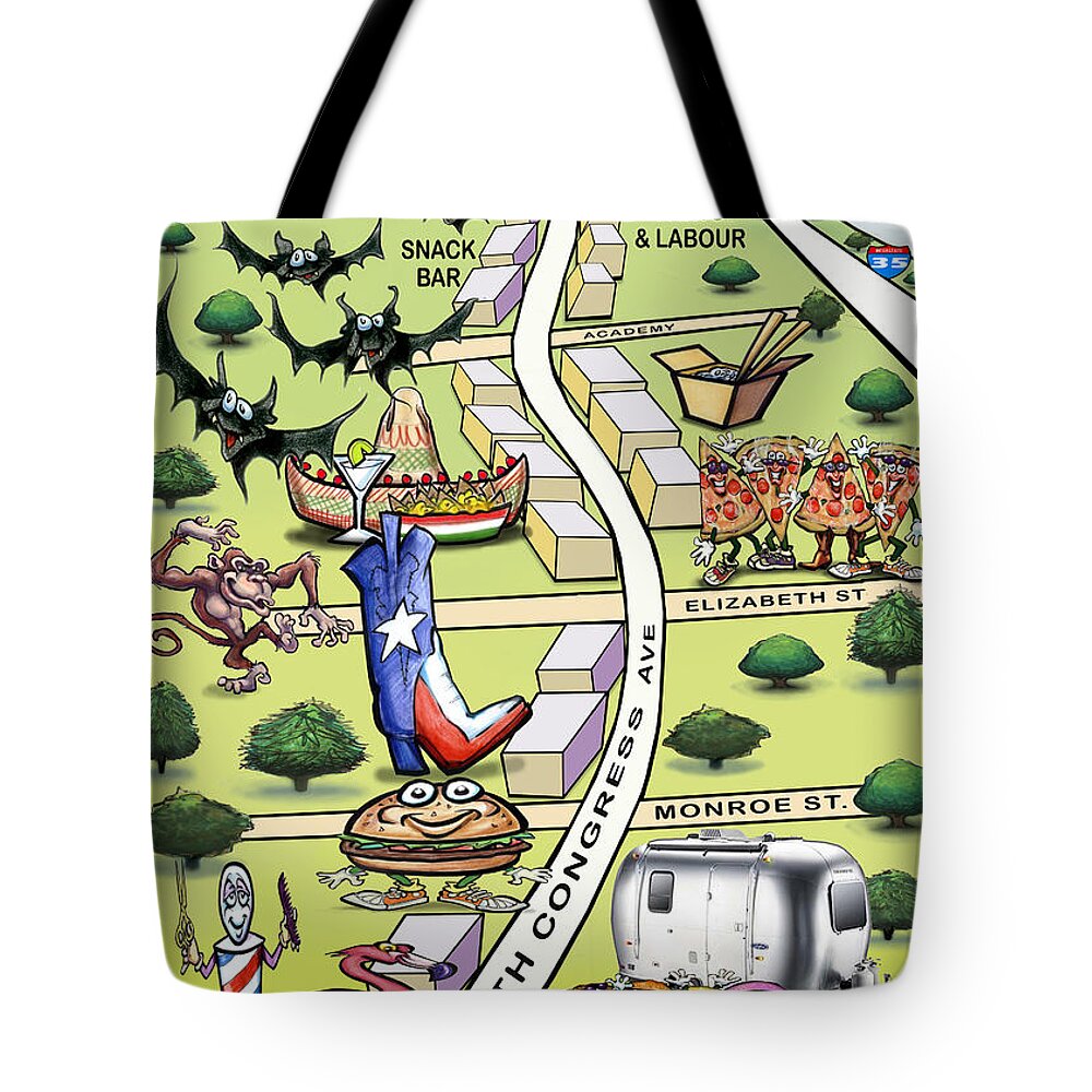 Soco Tote Bag featuring the painting SOCO South Congress Ave ATX Cartoon Map by Kevin Middleton
