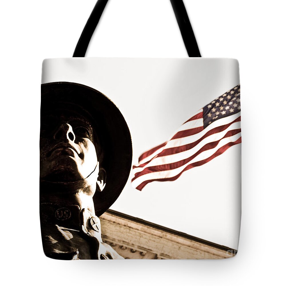 Usa Tote Bag featuring the photograph Soldier And Flag by Syed Aqueel