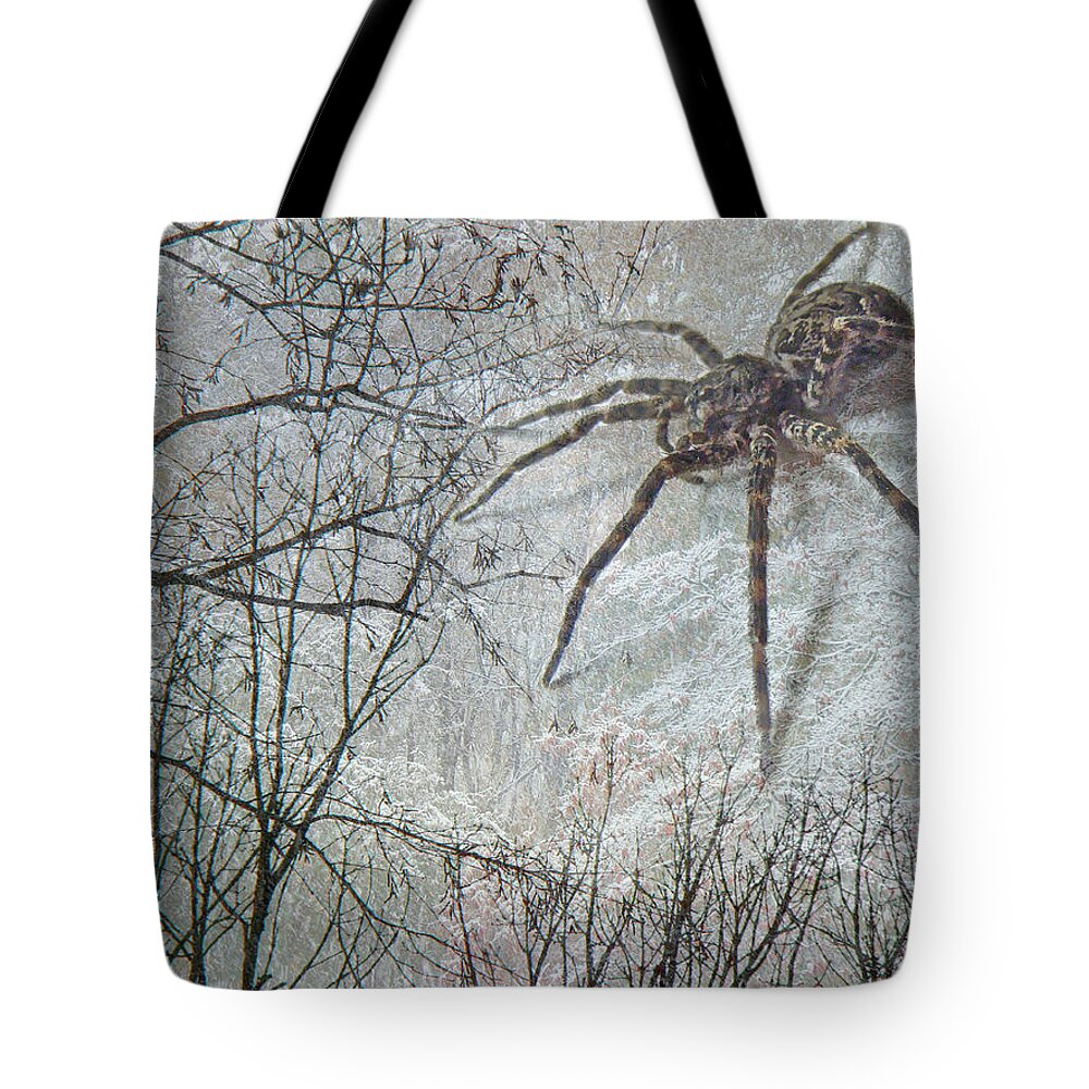 Spider Tote Bag featuring the photograph Spider Descending by Carol Senske