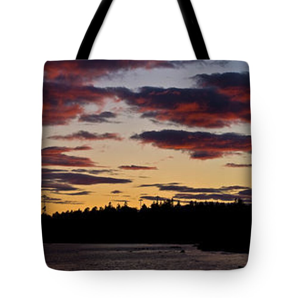 Mackinaw Tote Bag featuring the pyrography St. Ignace Sunset by Larry Carr