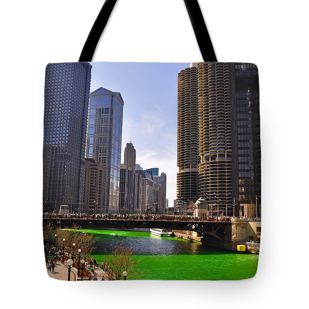 Wrigley Tower Chicago Tote Bag featuring the photograph St Patrick's Day Chicago by Dejan Jovanovic