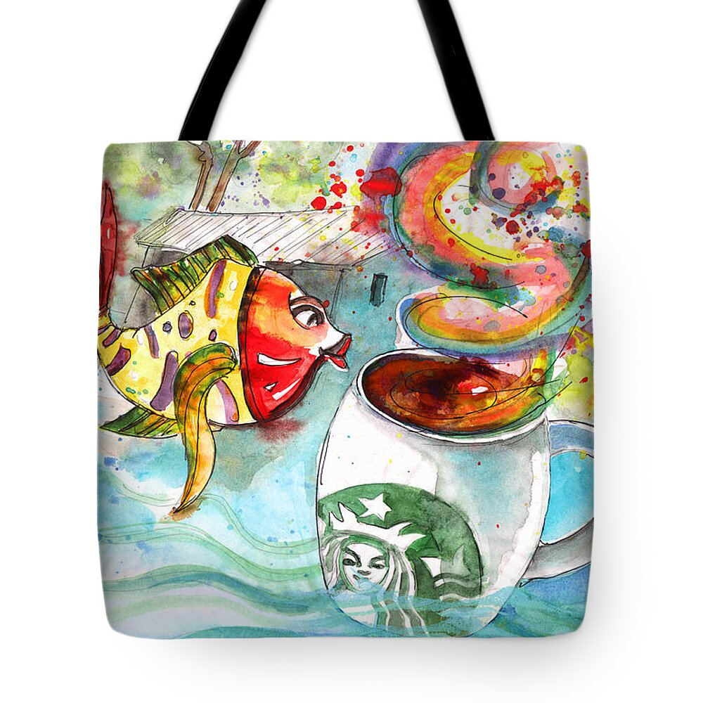 Travel Sketch Tote Bag featuring the drawing Starbucks Coffee in Limassol by Miki De Goodaboom