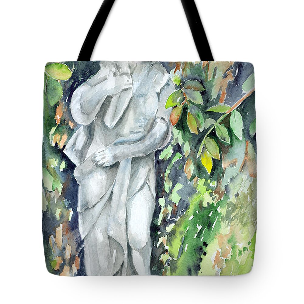 Statue Tote Bag featuring the painting Statue In The Garden by Arline Wagner