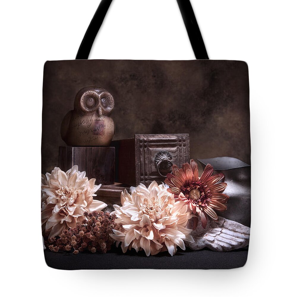 Angel Tote Bag featuring the photograph Still Life with Owl and Cherub by Tom Mc Nemar