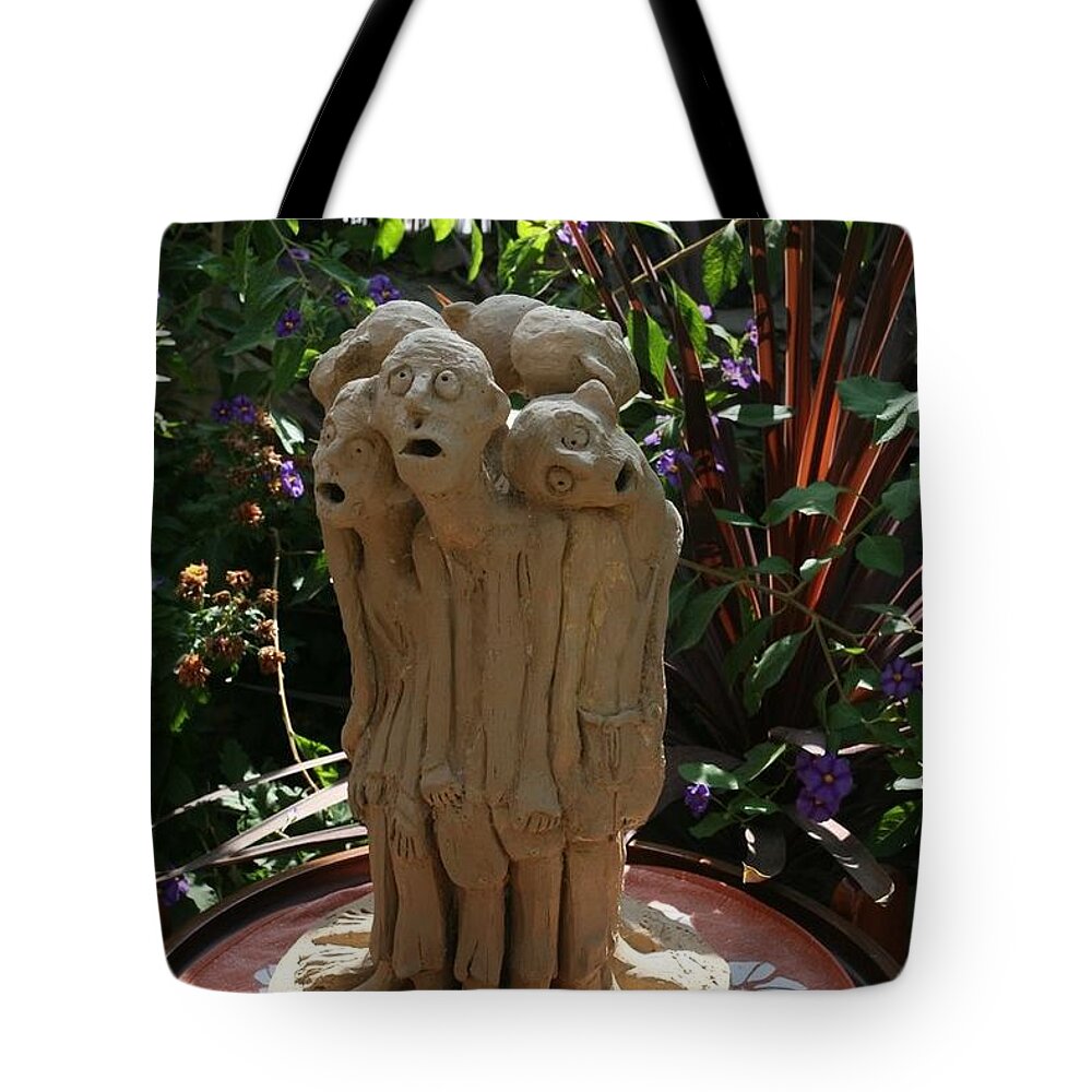 Suffering Tote Bag featuring the sculpture Suffering Circle ceramic sculpture brown clay by Rachel Hershkovitz