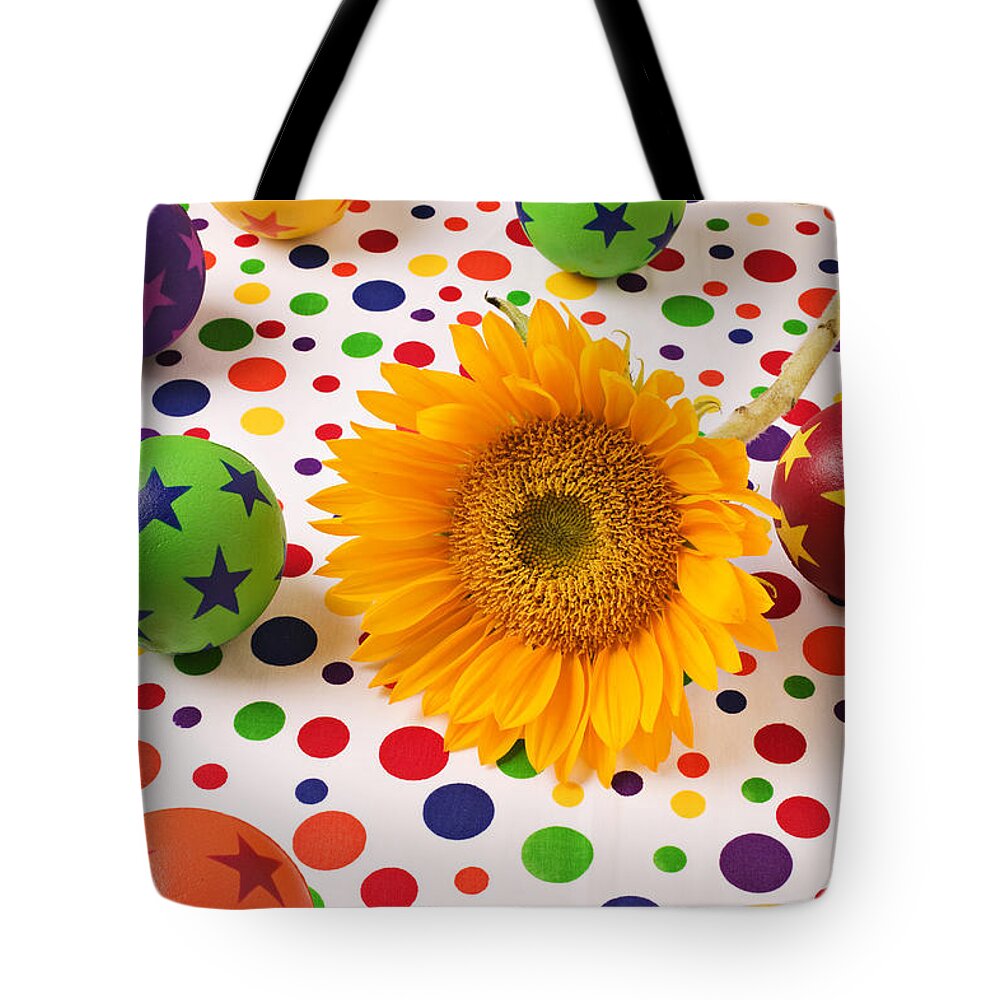 Sunflower Tote Bag featuring the photograph Sunflower and colorful balls by Garry Gay