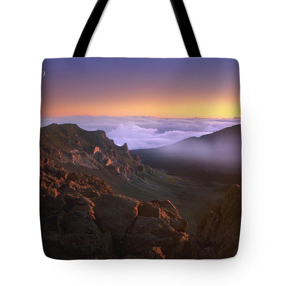 00176798 Tote Bag featuring the photograph Sunrise And Crescent Moon Overlooking by Tim Fitzharris