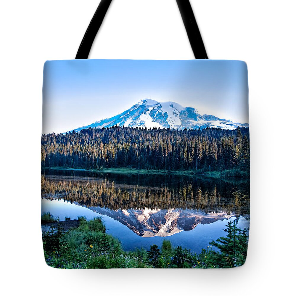 Sunrise Tote Bag featuring the photograph Sunrise at Reflection Lake by Ronald Lutz