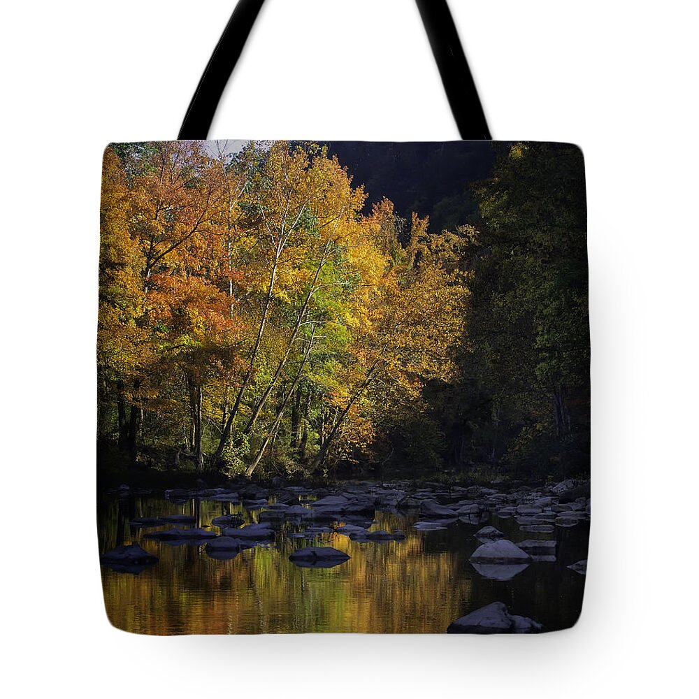 Fall Color Tote Bag featuring the photograph Sunrise on the Buffalo National River by Michael Dougherty