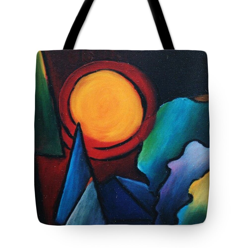 Sun Tote Bag featuring the painting Sunset behind Trees by Karin Eisermann