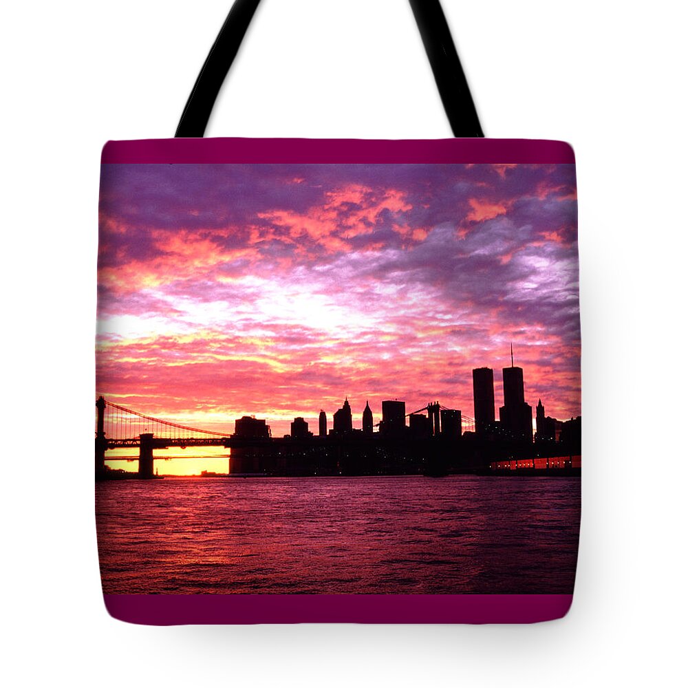 Dramatic Tote Bag featuring the photograph Sunset Lower Manhattan Skyline with Bridges, Pre Sept 11. by Tom Wurl