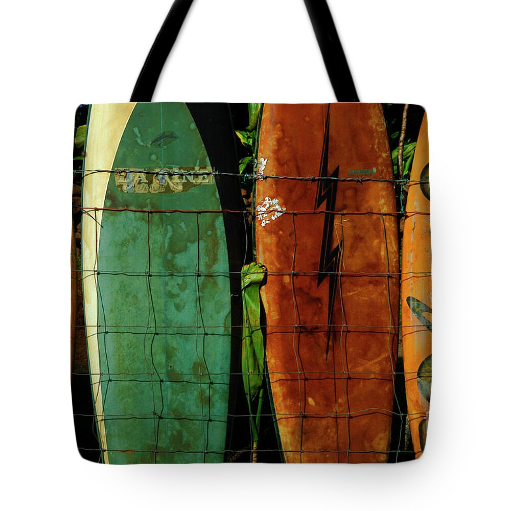 Hawaii Tote Bag featuring the photograph Surfboard Fence 1 by Bob Christopher
