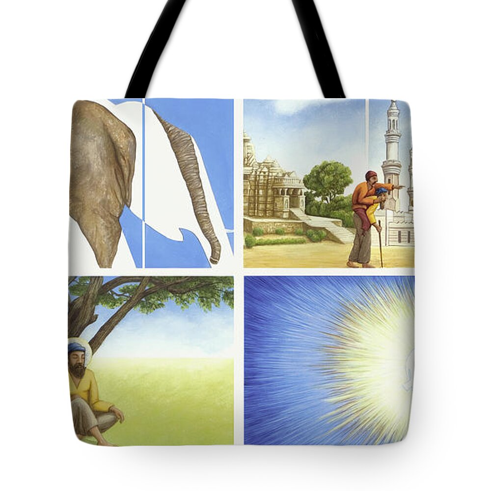 Elephant Tote Bag featuring the painting The blind men and the elephant by Nad Wolinska