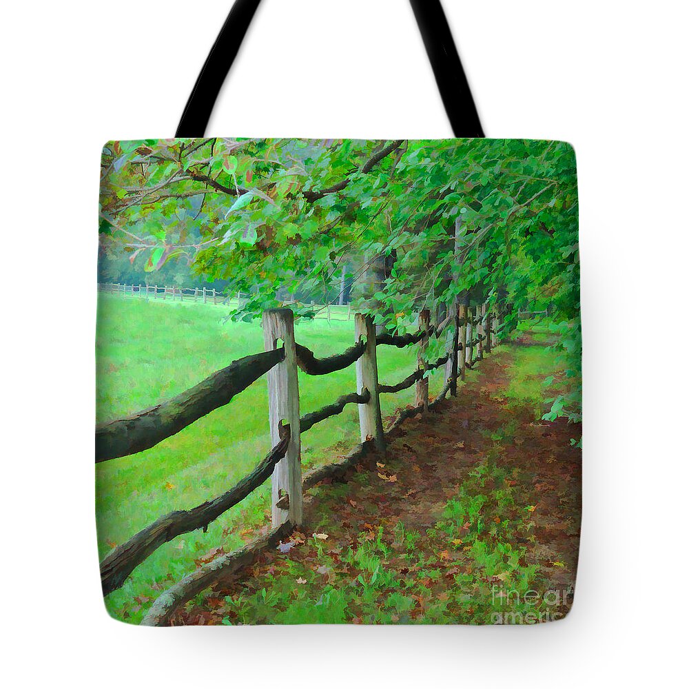 Old Wood Rail Fence Tote Bag featuring the digital art The Fence Path by L J Oakes