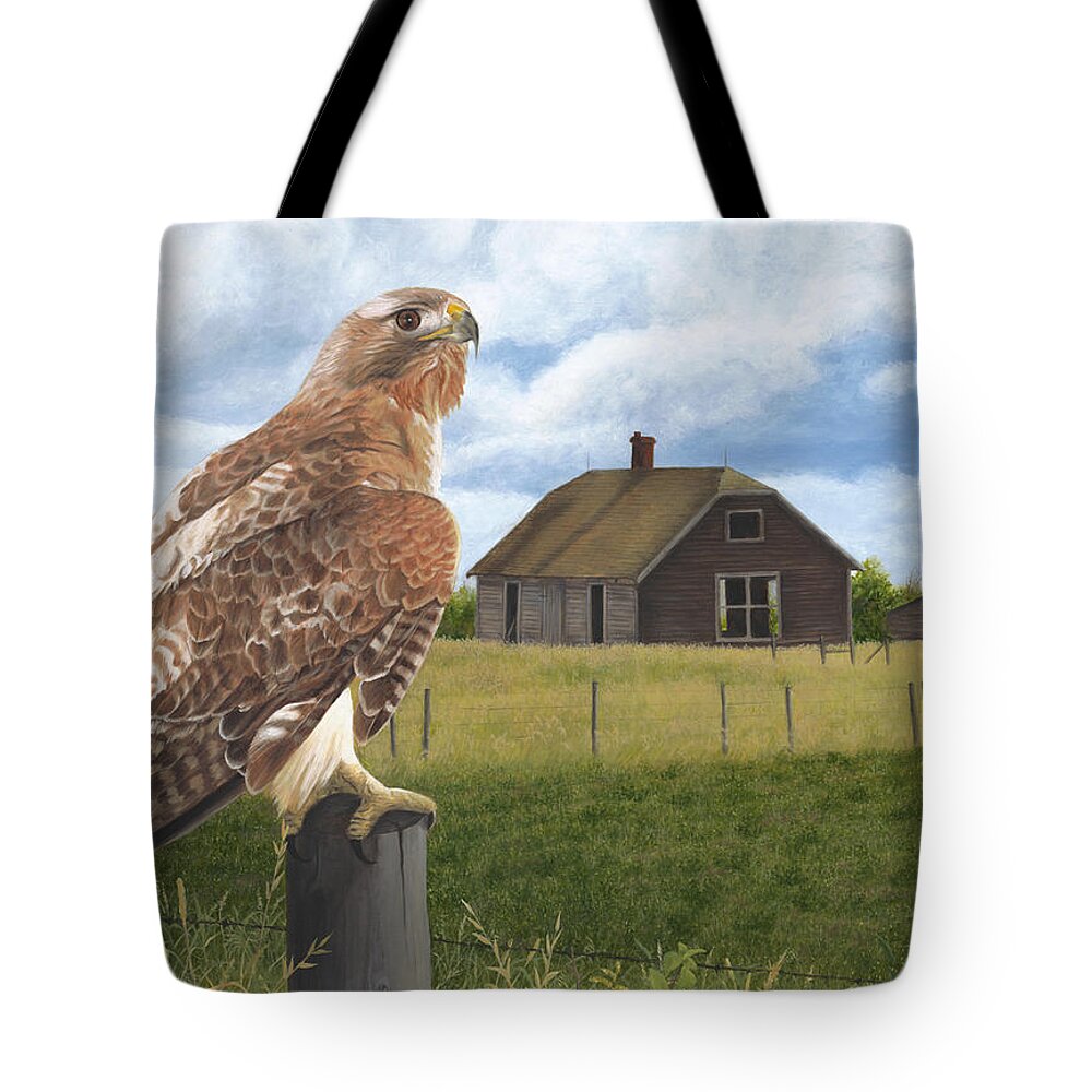 Red Tailed Hawk Over Looking Old Homestead Tote Bag featuring the painting The Grounds Keeper by Tammy Taylor