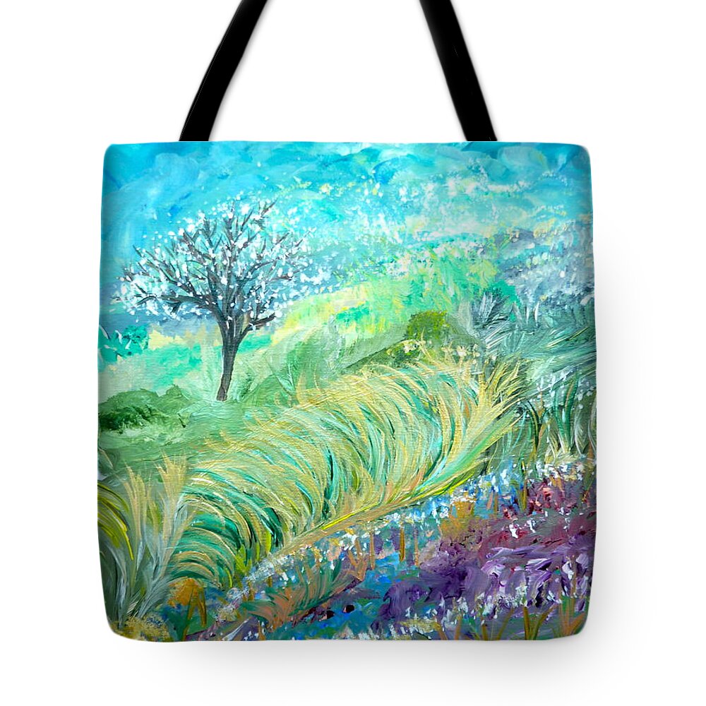 Whimsical Landscape Tote Bag featuring the painting The In-Between Hour by Sara Credito