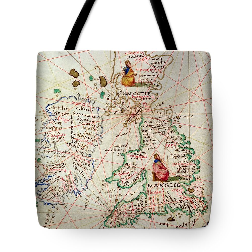 Maps Tote Bag featuring the drawing The Kingdoms of England and Scotland by Battista Agnese