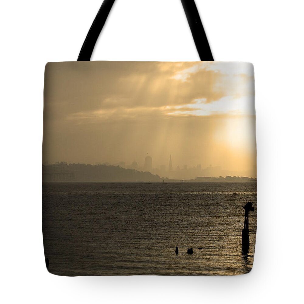 San Francisco Tote Bag featuring the photograph The San Francisco Bay . Sepia by Wingsdomain Art and Photography