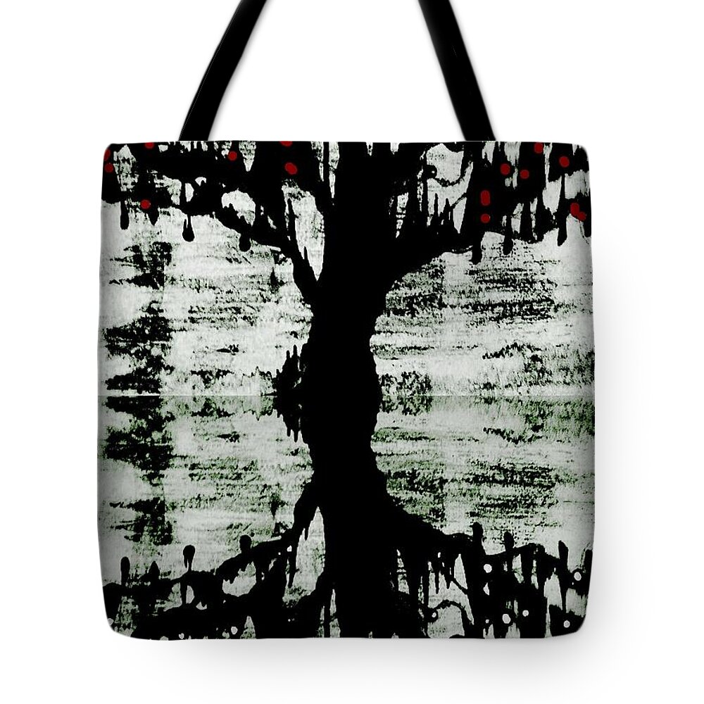 Black And White Tree Tote Bag featuring the painting The Tree The Root by Amy Sorrell