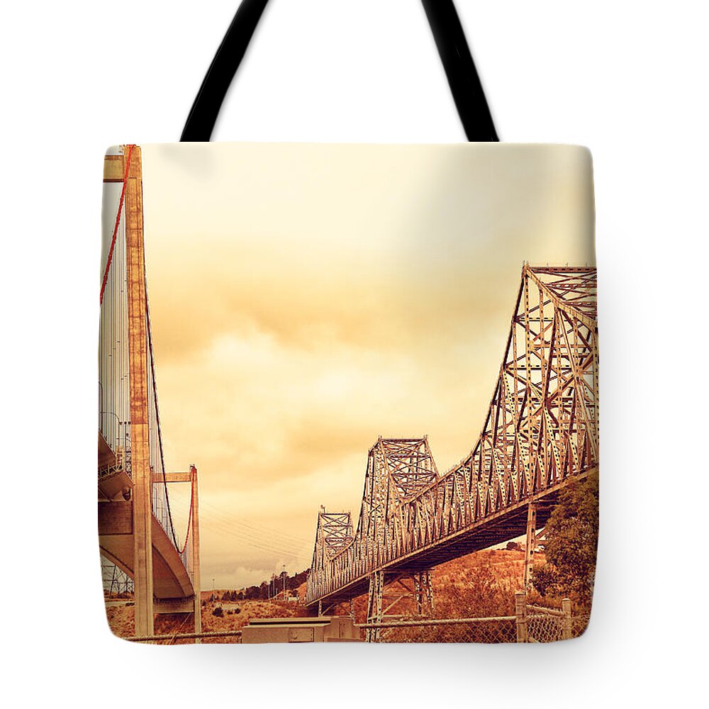 Retro Tote Bag featuring the photograph The Two Carquinez Bridges At Crockett and Vallejo California . aka Alfred Zampa Memorial Bridge . 7D8830 by Wingsdomain Art and Photography