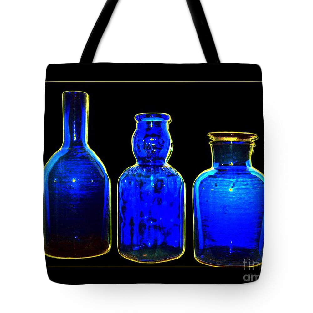 Jar Tote Bag featuring the digital art Three Blue Bottles by Dale  Ford