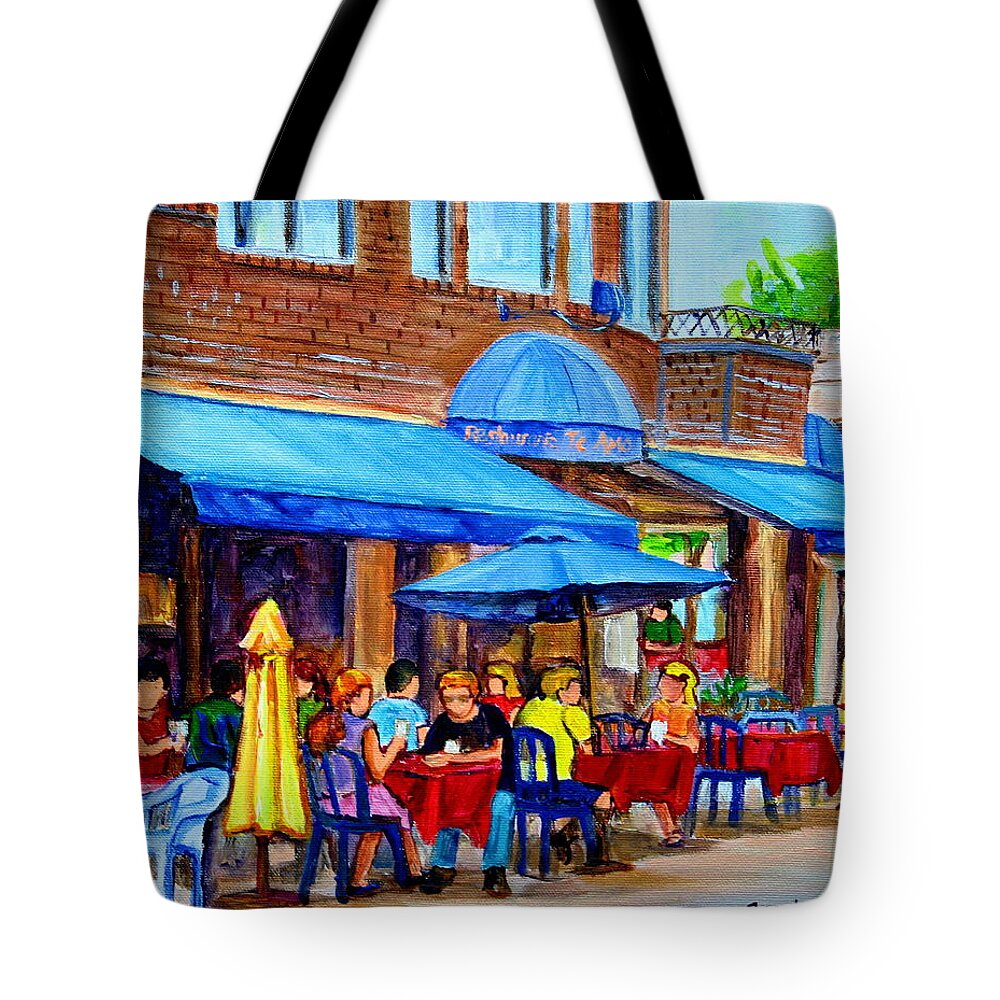 Summer Cafes Tote Bag featuring the painting Ti Amo Restaurant Prince Arthur Street Montreal by Carole Spandau
