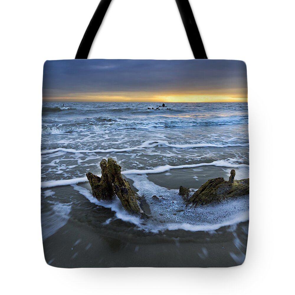 Clouds Tote Bag featuring the photograph Tides at Driftwood Beach by Debra and Dave Vanderlaan