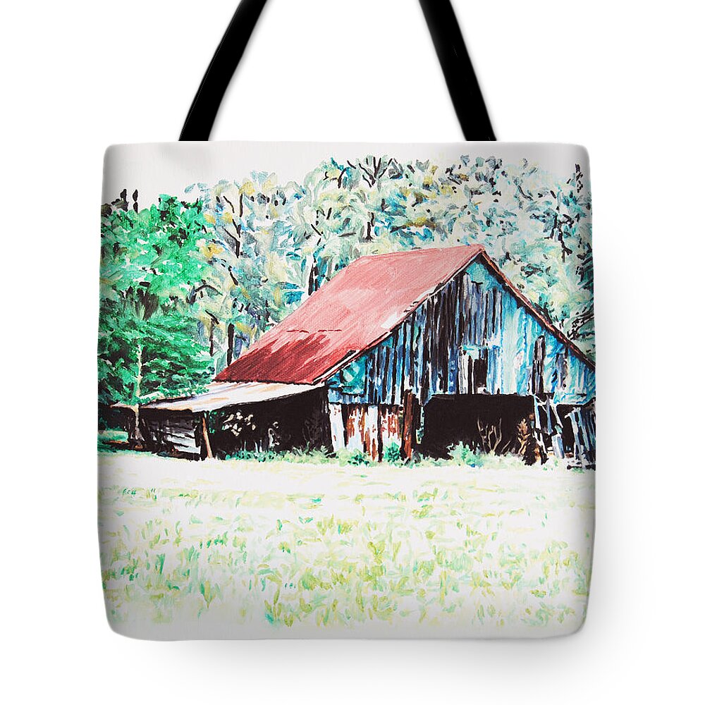 Barn Tote Bag featuring the painting Tobacco Barn by Tommy Midyette