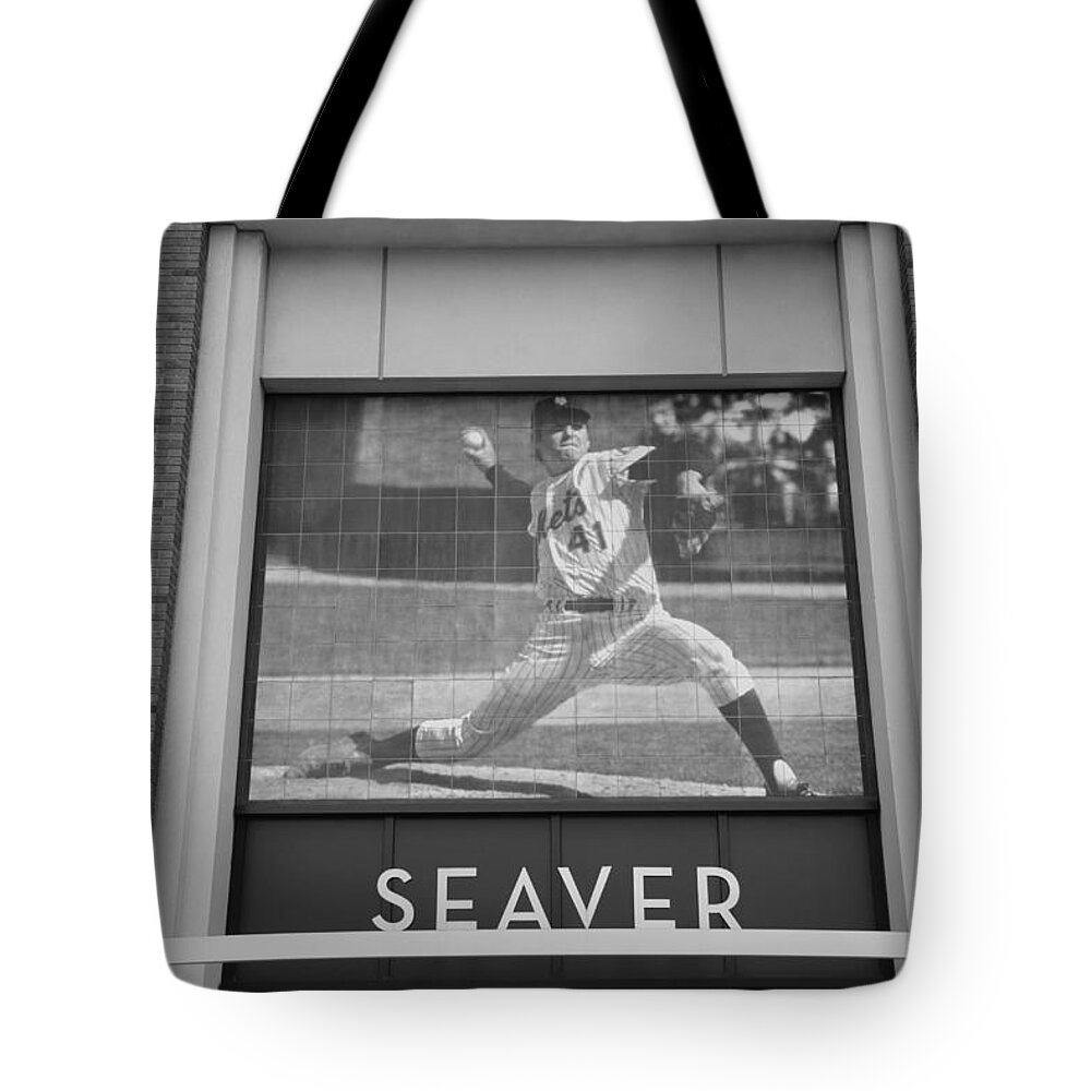 Shea Stadium Tote Bag featuring the photograph TOM SEAVER 41 in BLACK AND WHITE by Rob Hans