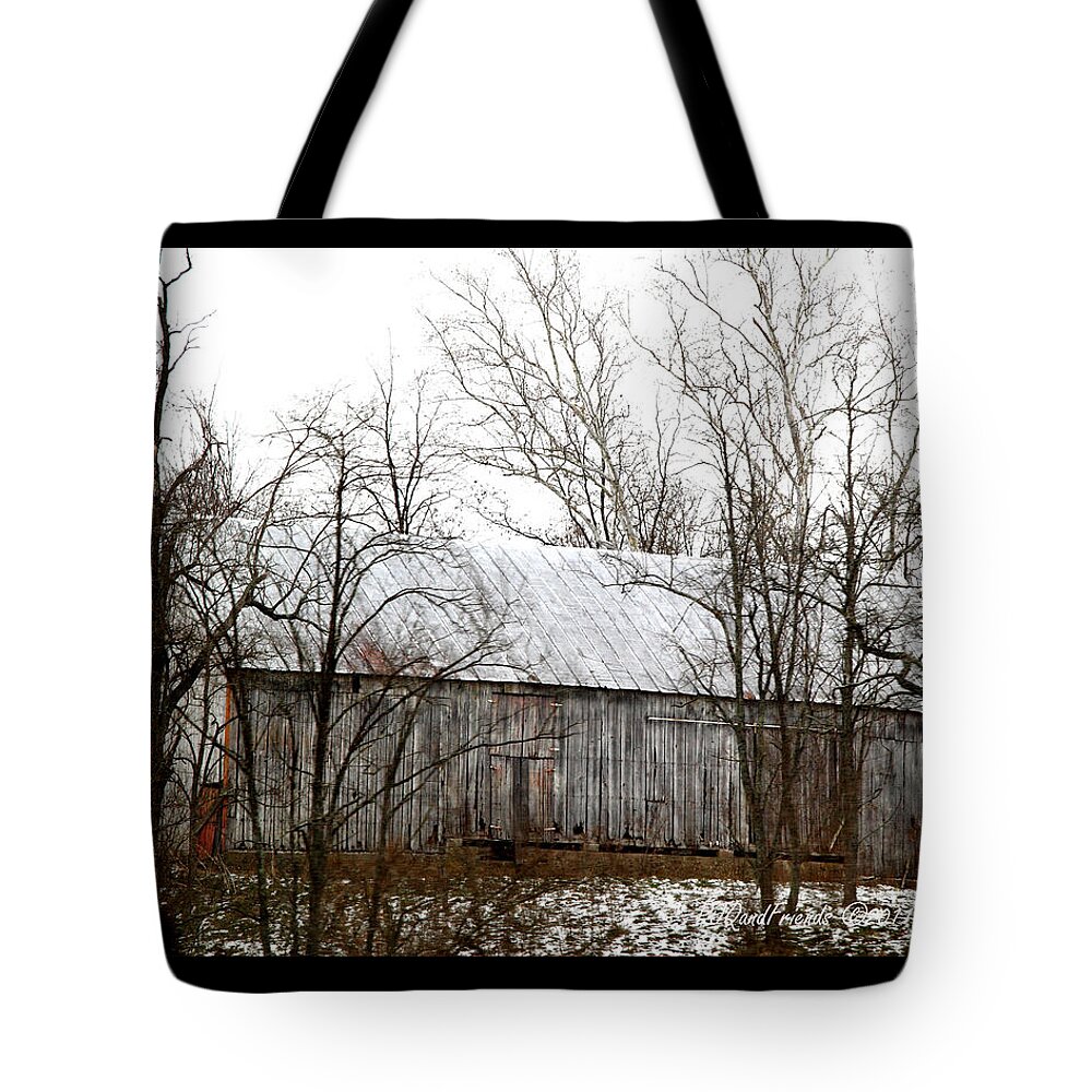 Barn Tote Bag featuring the photograph 'Touch of Red on Gray Barn' by PJQandFriends Photography