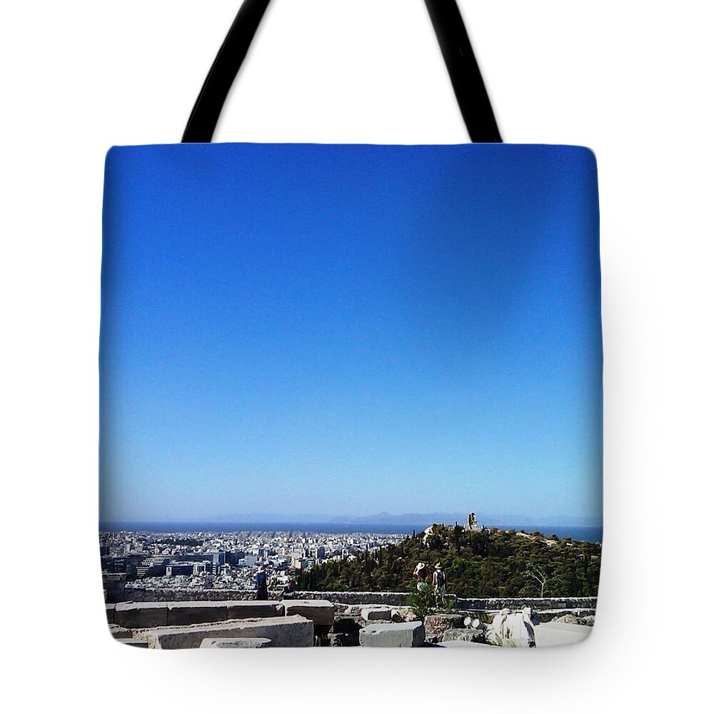 Athens Tote Bag featuring the photograph Tourists Enjoying Panoramic View of Athens and the Mediterranean Sea from Acropolis Greece by John Shiron