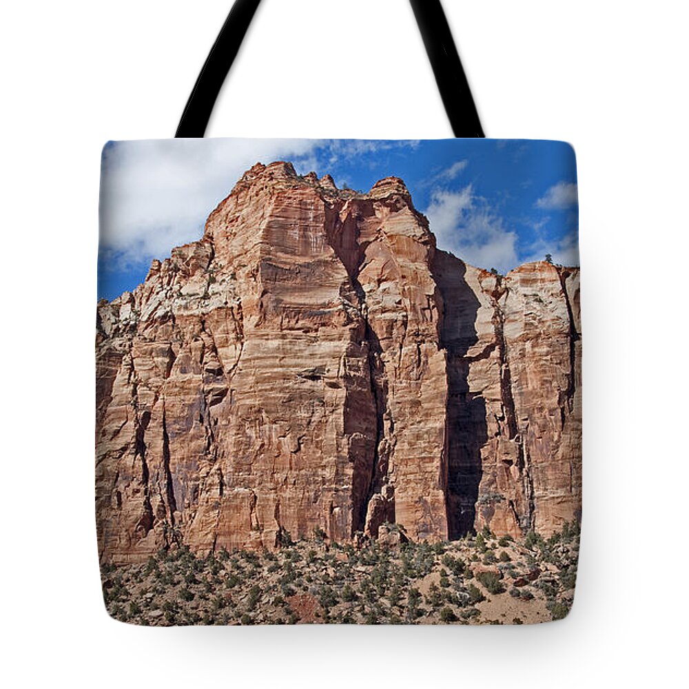 Zion National Park Tote Bag featuring the photograph Towering Cliffs by Bob and Nancy Kendrick
