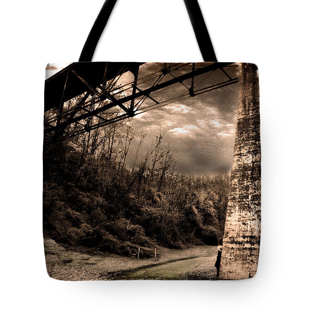 Bridge Tote Bag featuring the photograph Train Crossing by Gray Artus